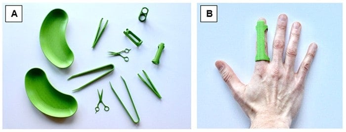 Examples of antimicrobial medical devices. A. Antimicrobial 3D printed surgical instruments. B. Antimicrobial finger orthosis.